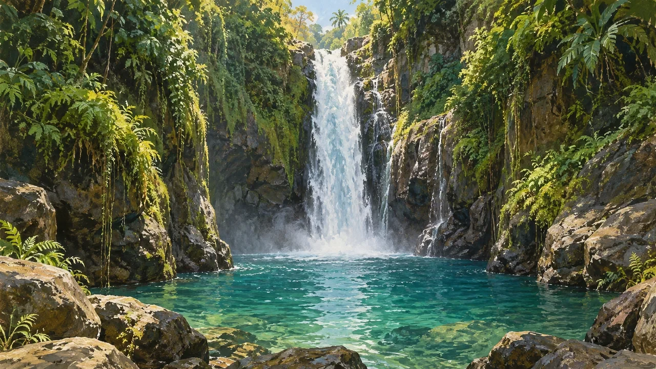 Painterly view of Aling-Aling Waterfall in Sambangan, Sukasada, Buleleng