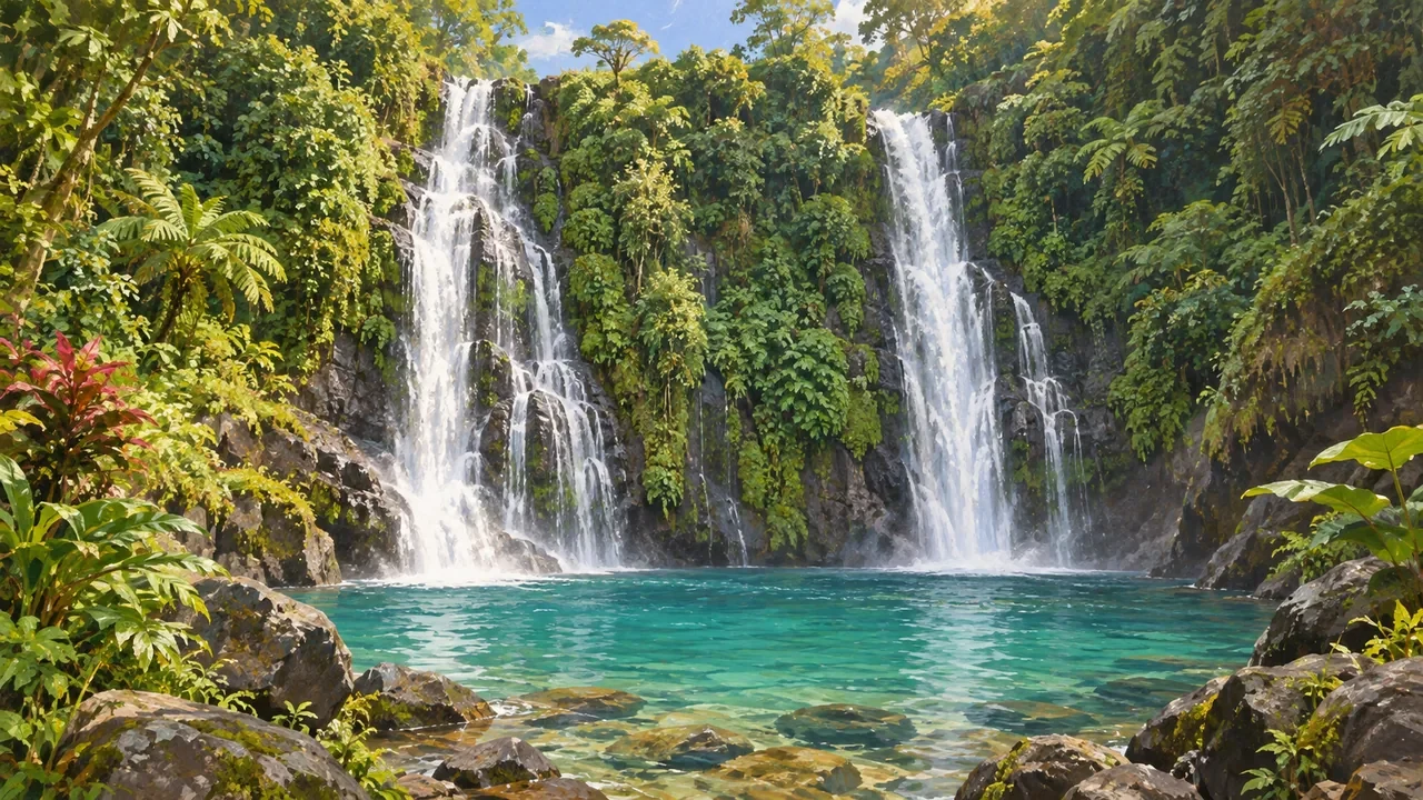 Painterly view of Banyumala Twin Waterfalls in Wanagiri, Sukasada, Buleleng