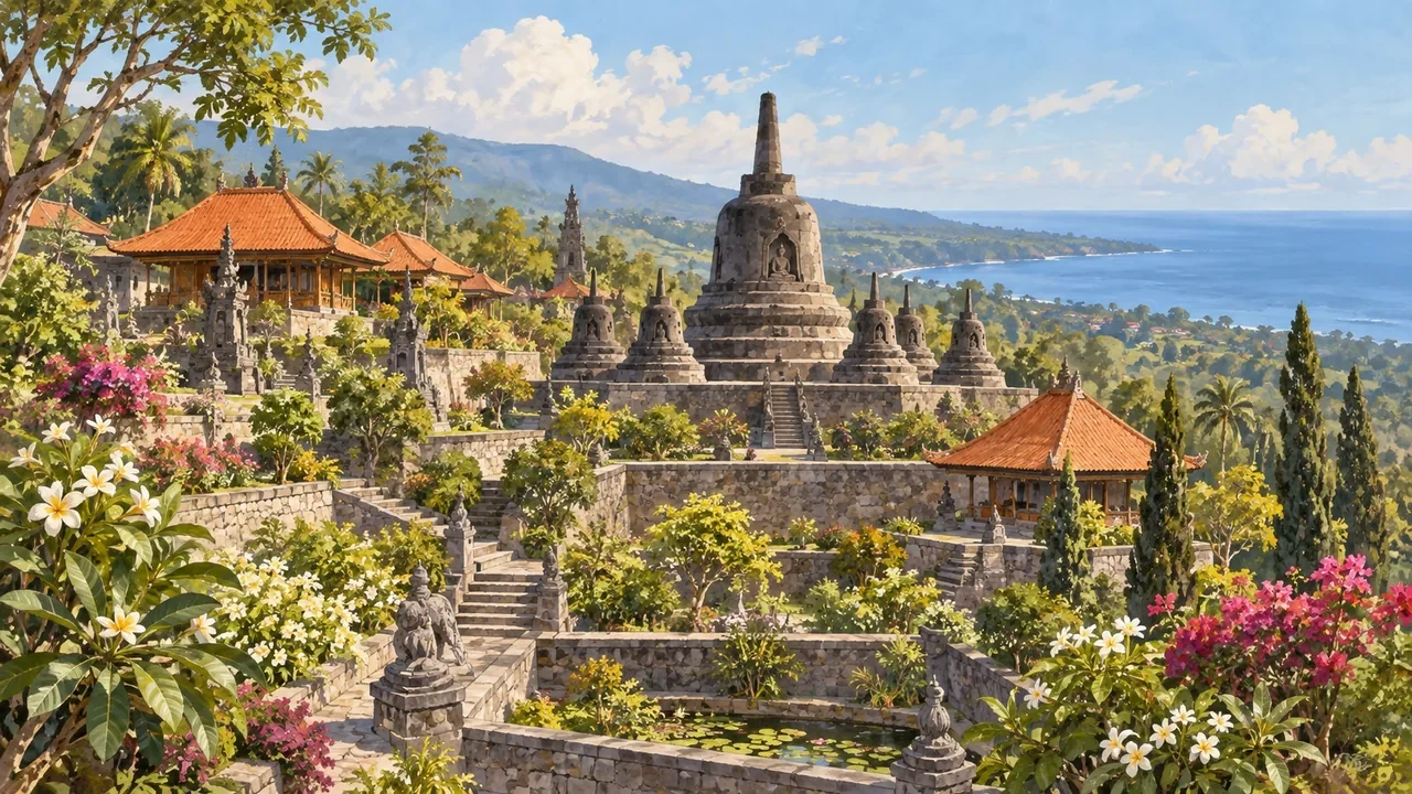 Painterly view of Brahmavihara-Arama Buddhist Monastery in Banjar Tegeha, Banjar, Buleleng
