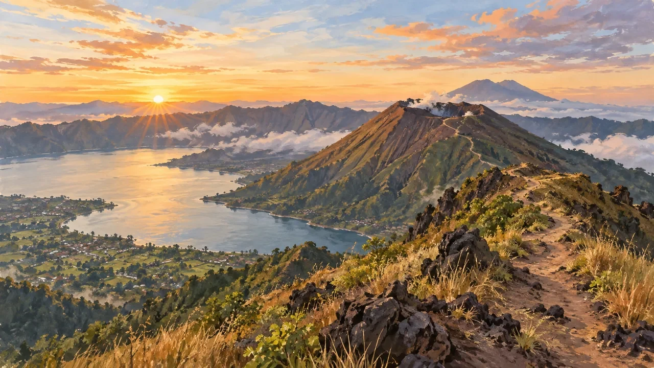 Painterly view of Mount Batur in Kintamani, Bangli
