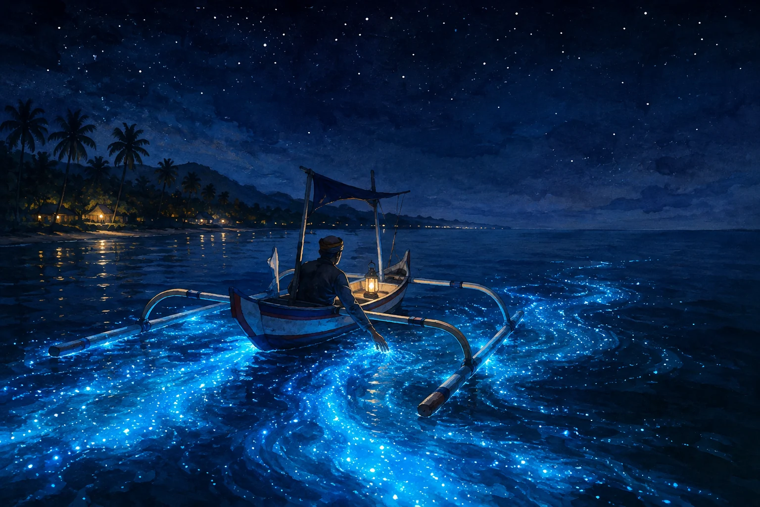 Glowing plankton around a boat at Lovina Beach at night