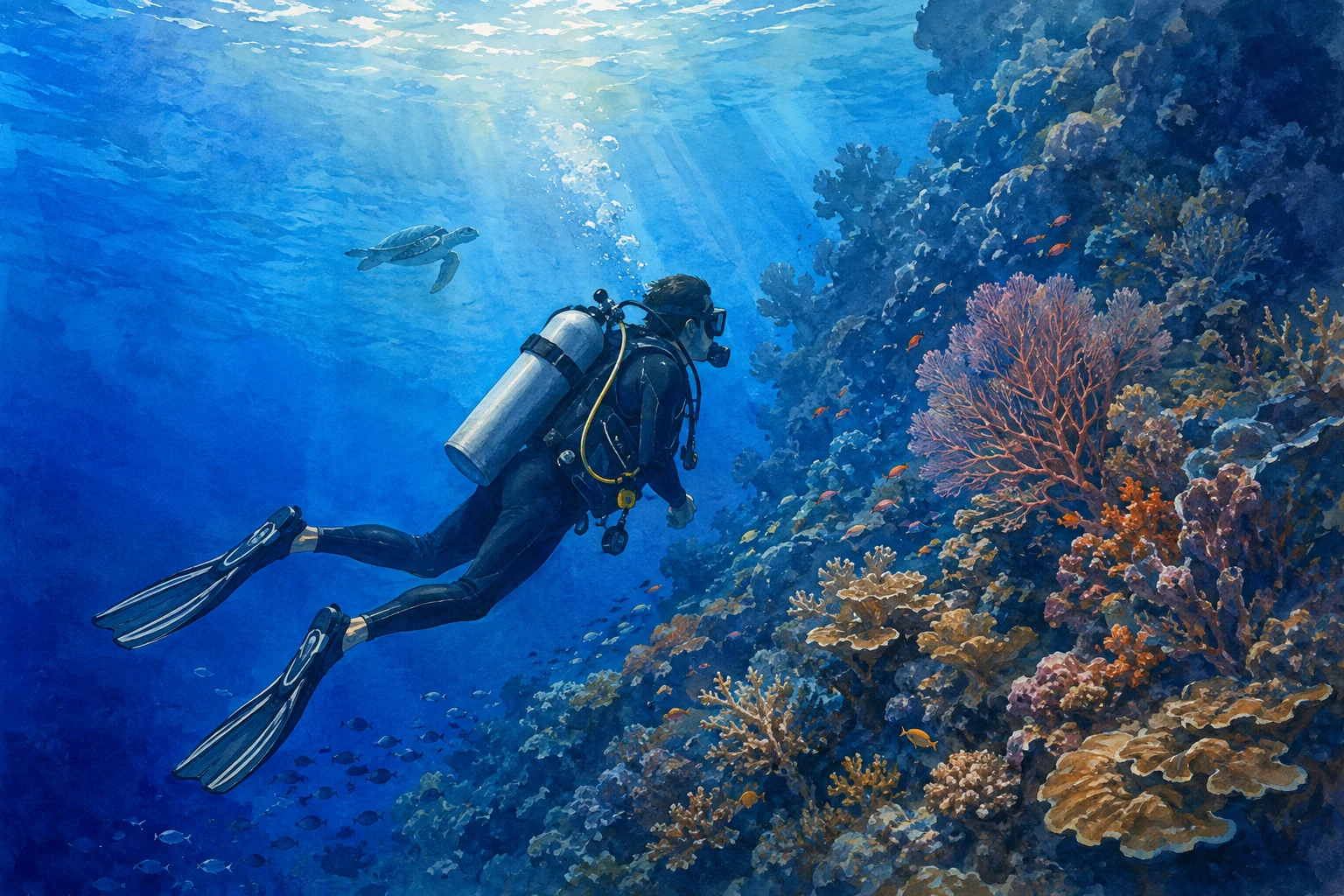 Scuba diving along a coral wall at Menjangan Island