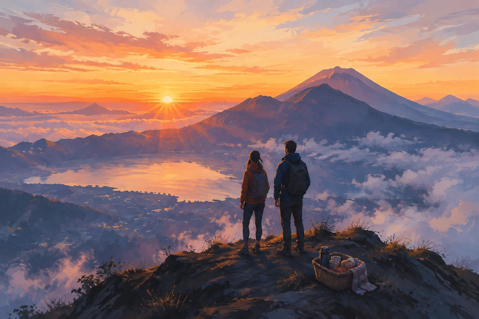 Hikers watching sunrise from Mount Batur