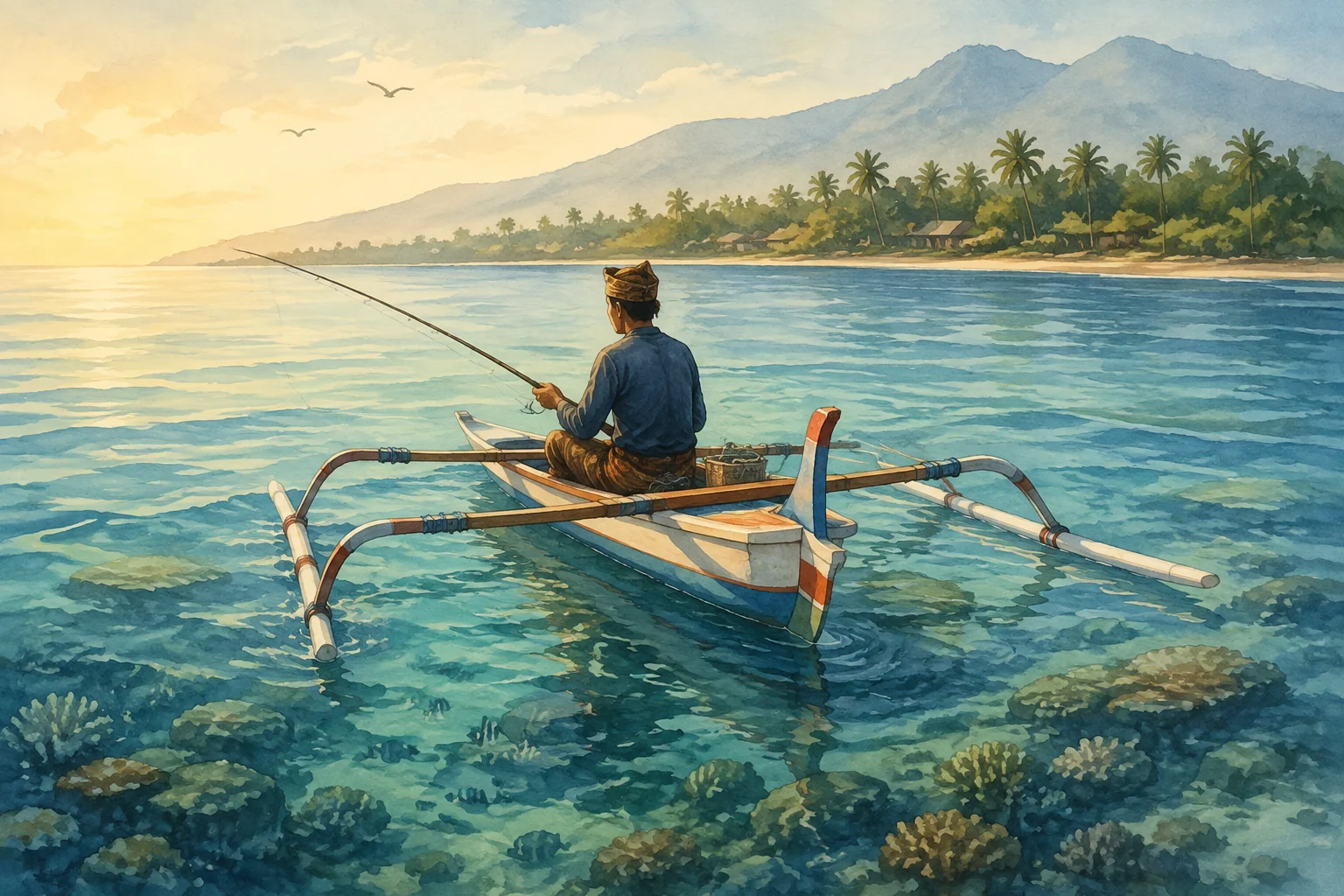 Local reef fishing from a Balinese outrigger near Lovina