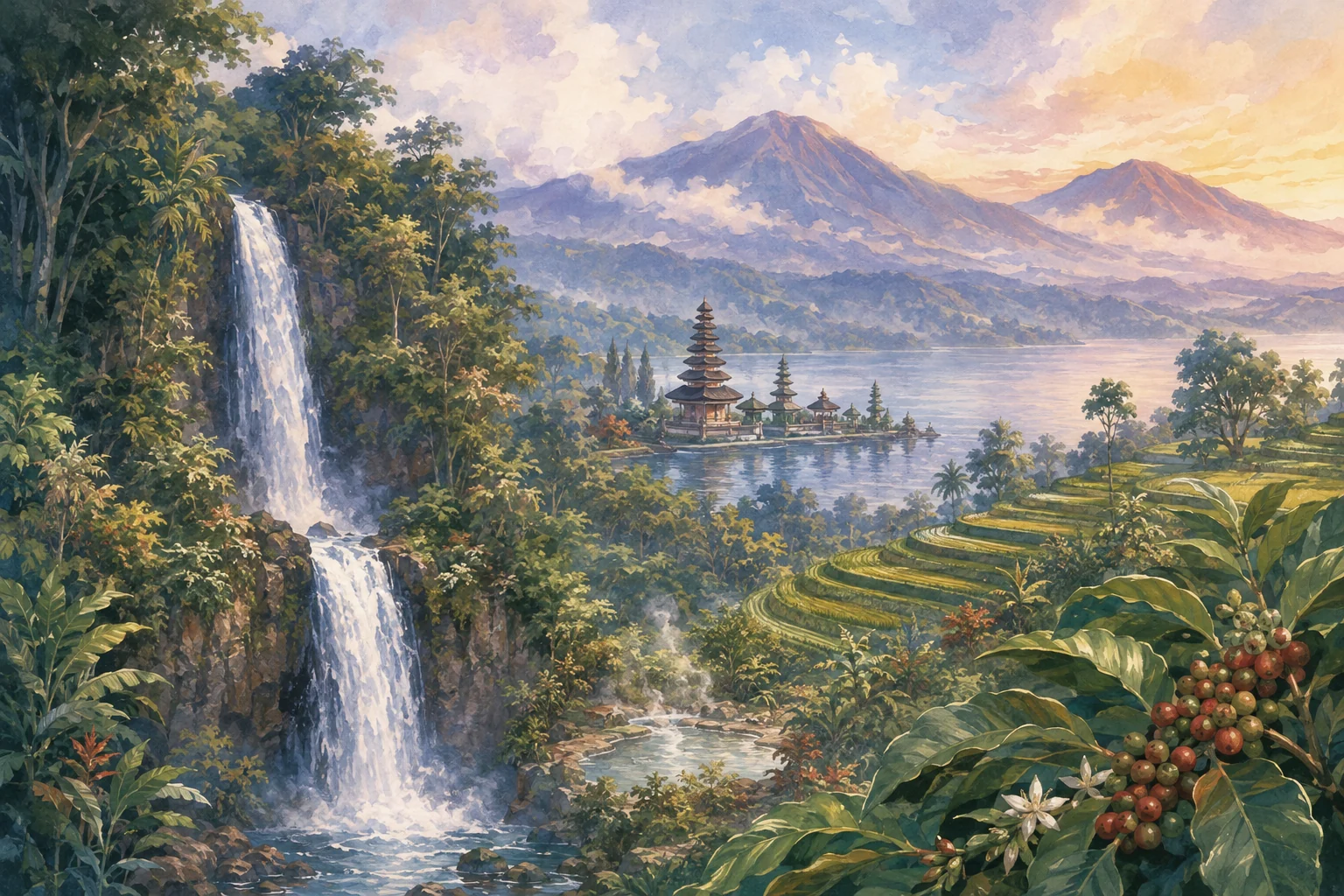 North Bali waterfalls, temple, plantation, and rice terrace scenery