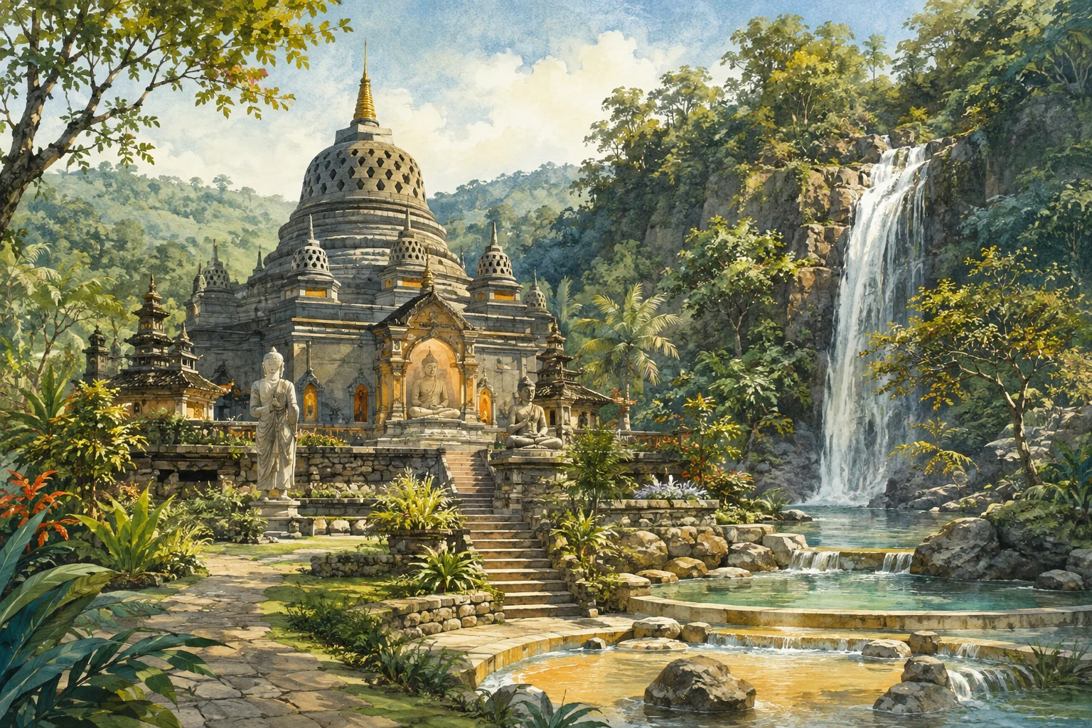 Buddhist temple and Sing Sing Waterfall in North Bali