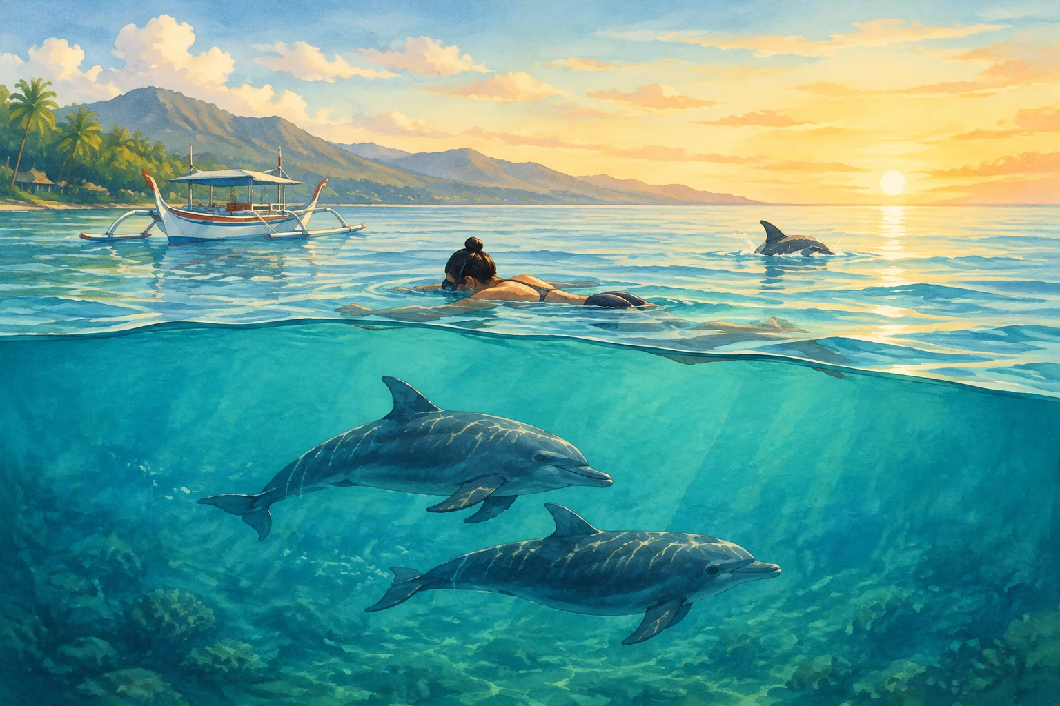 Shared dolphin-swimming experience off Lovina