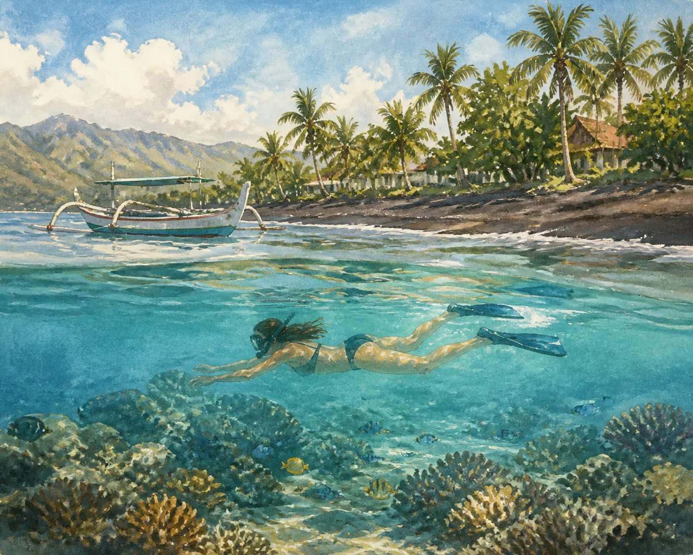 Snorkeling above a reef near Lovina Beach