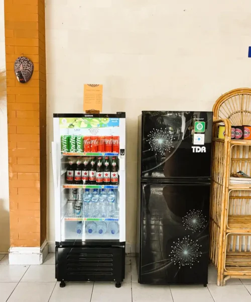 Cold drinks fridge in the open-air dining area at Kubu Elsa Bali